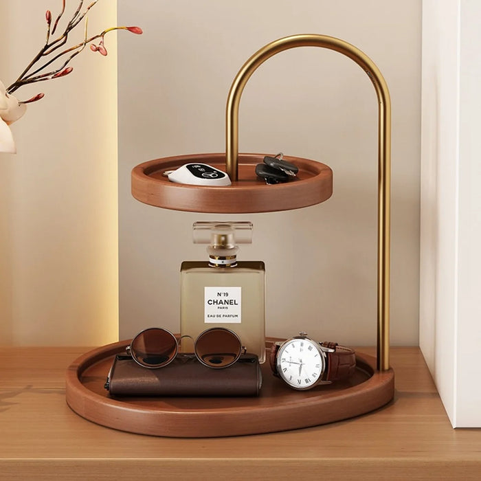2-Tier Bamboo Jewelry Organizer Tray with Metal Stand Desktop Display Holder for Perfume - 5