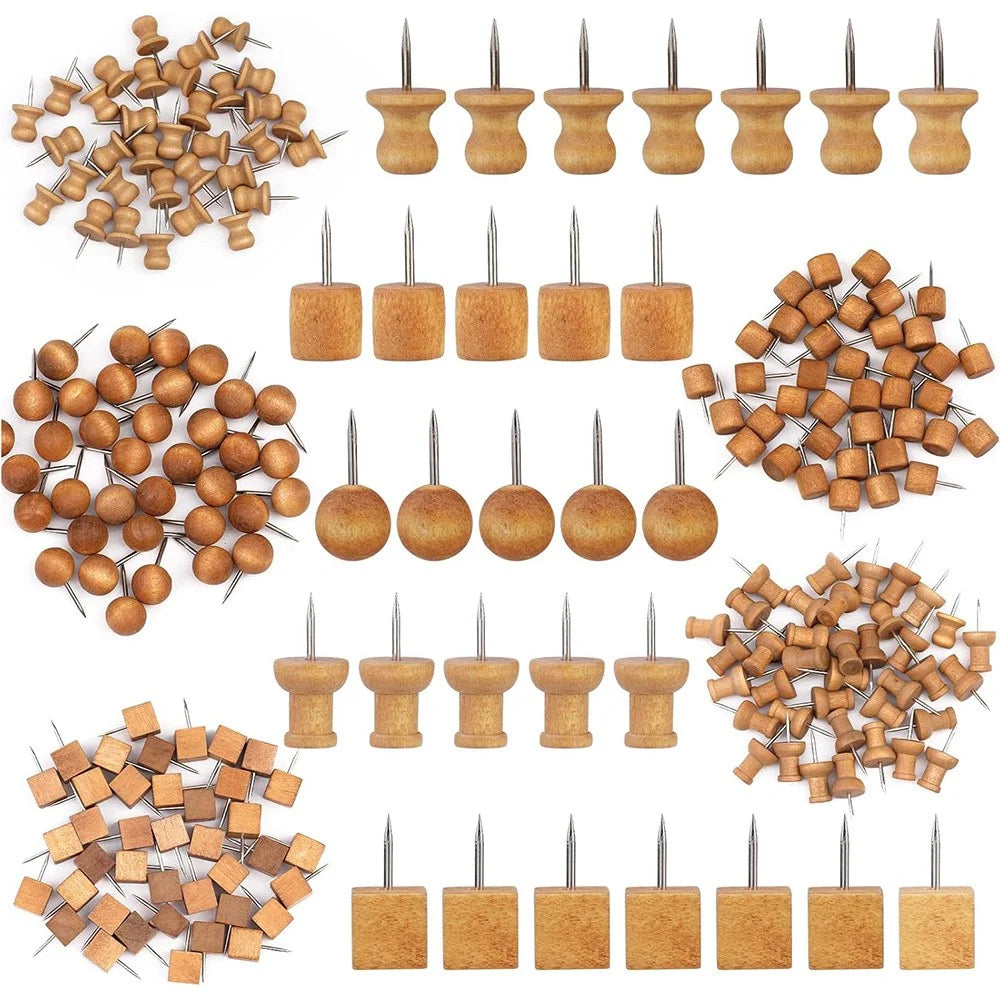 50Pcs 5 Shapes Wood Push Pins Thumb Tacks with Storage Box Cork Board Pins for Office Home - 1