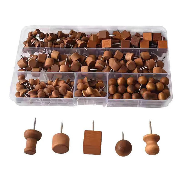 50Pcs 5 Shapes Wood Push Pins Thumb Tacks with Storage Box Cork Board Pins for Office Home - 2