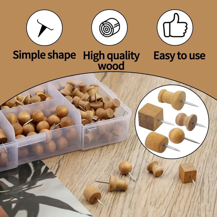 50Pcs 5 Shapes Wood Push Pins Thumb Tacks with Storage Box Cork Board Pins for Office Home - 7