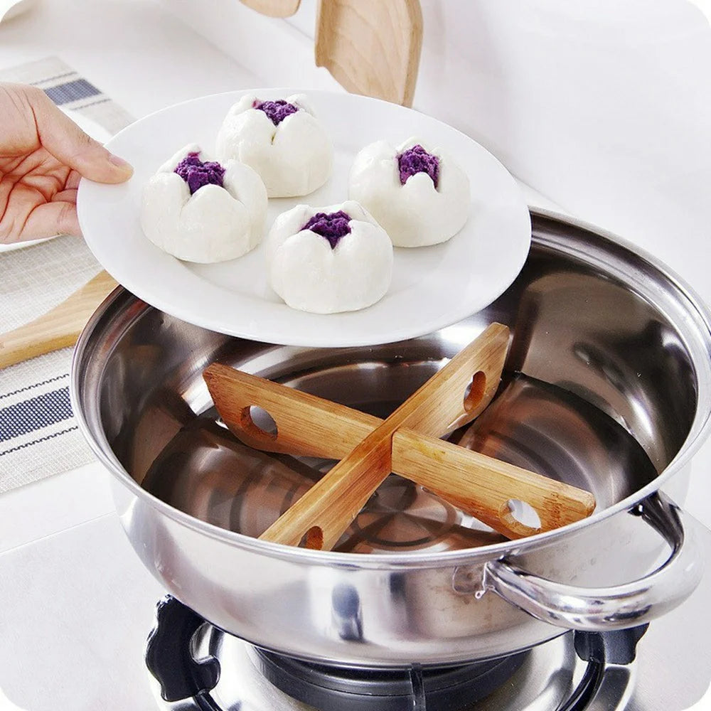 2Pcs Bamboo Pot Trivet Holder Cross Stand Foldable Steamer Rack Detachable Heat Insulation Stand for Kitchen Countertop - 3