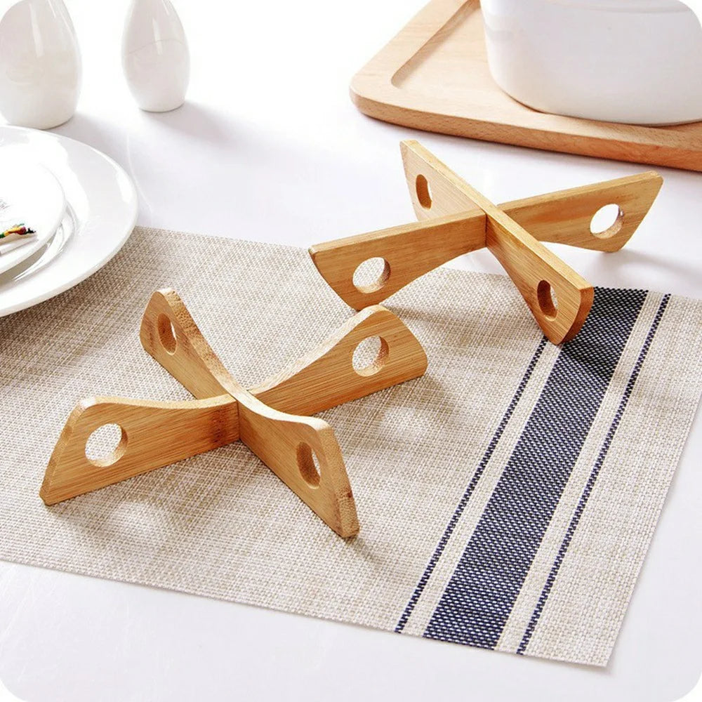 2Pcs Bamboo Pot Trivet Holder Cross Stand Foldable Steamer Rack Detachable Heat Insulation Stand for Kitchen Countertop - 4