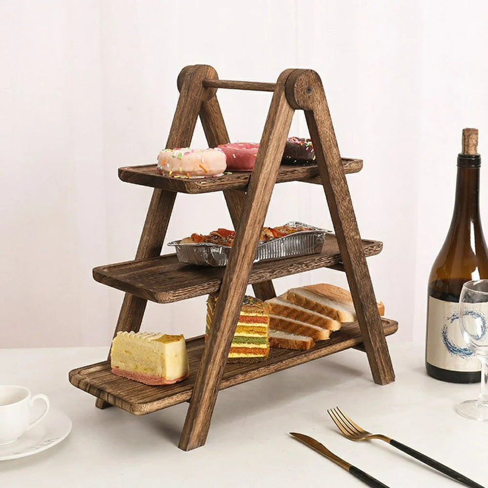 3-Tier Wooden Display Stand Solid Wood Cupcake Stand Food Storage Rack Desktop Organizer - 2