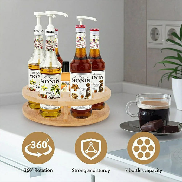 Bamboo Spice Storage Rack 360 Degrees Rotating 7 Holes Kitchen Countertop Organizer for Seasoning Bottles - 3