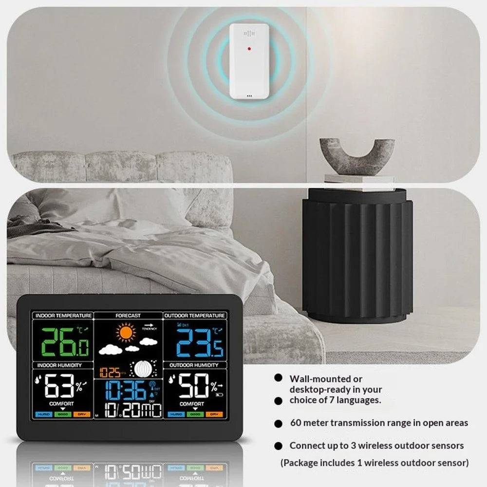 Large Color Screen Weather Clock RF Wireless Digital Alarm Clock with Temperature Humidity Meter 4-Level Weather Forecast - 5