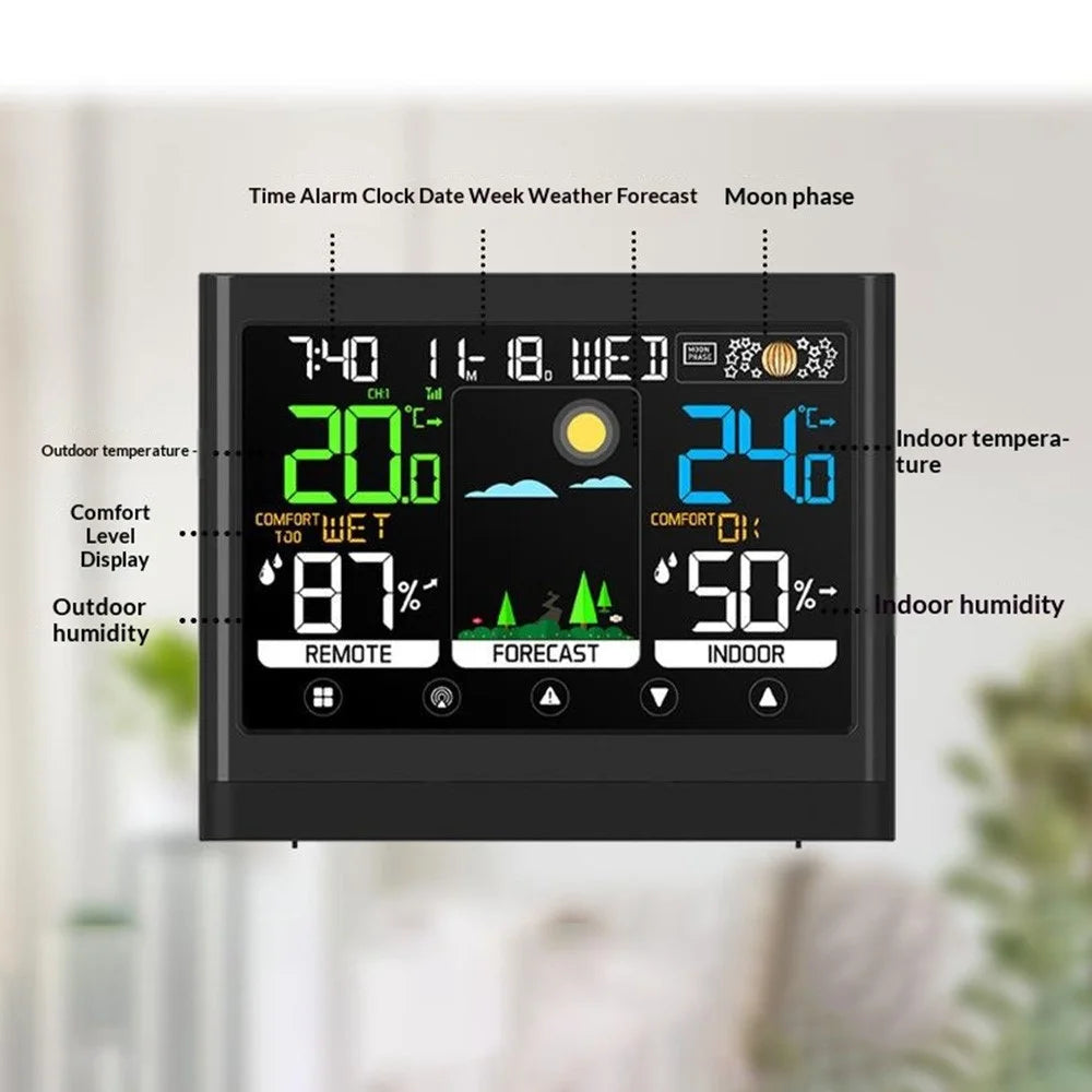 Color Touch Screen Weather Clock RF Wireless Thermometer Hygrometer Weather Forecast Alarm Clock - Black - 3