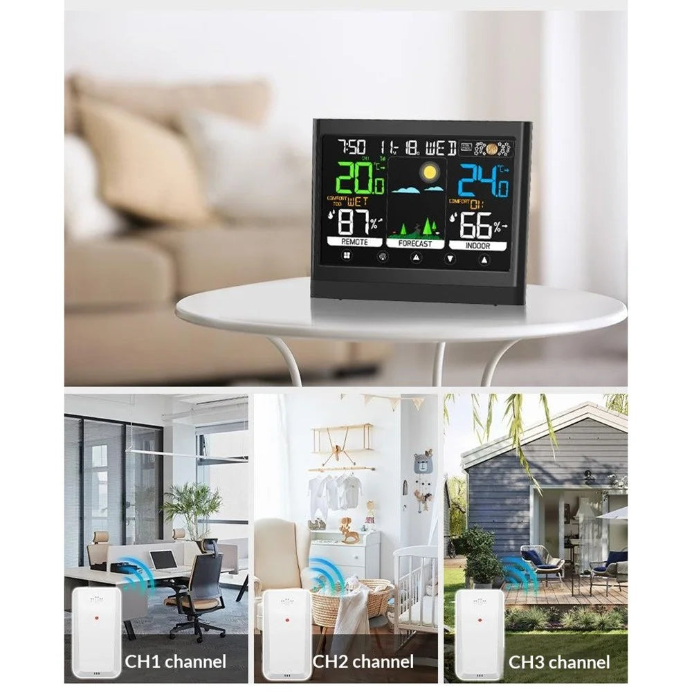 Color Touch Screen Weather Clock RF Wireless Thermometer Hygrometer Weather Forecast Alarm Clock - Black - 4