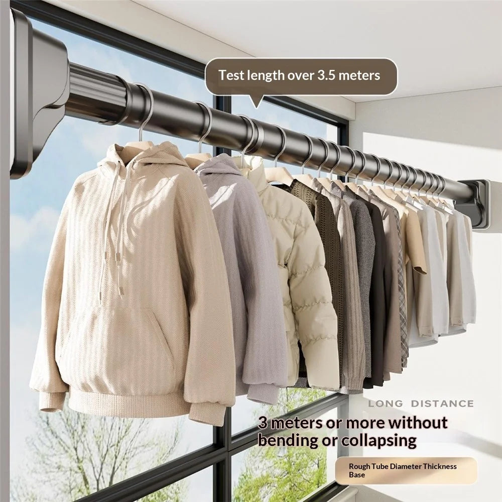 2.4-3.1m Retractable Telescopic Clothes Drying Rod One-Click Extension No Drilling Wall Mounted Closet Balcony Rack - Black - 4