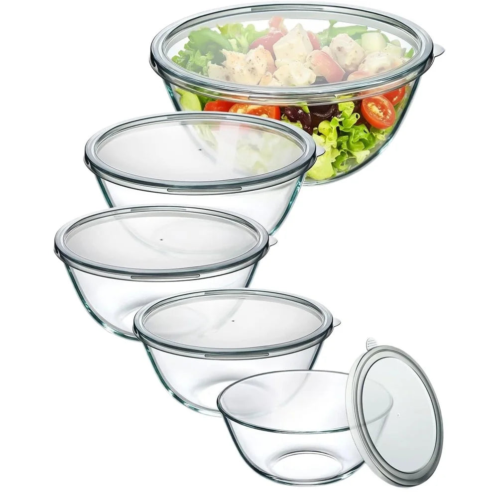 5Pcs Glass Mixing Bowls with Lids Set 1000ml+1500ml+2100ml+2700ml+4450ml Microwave Oven Safe Food Storage Containers for Baking Kitchen (BPA Free, No FDA) - 1