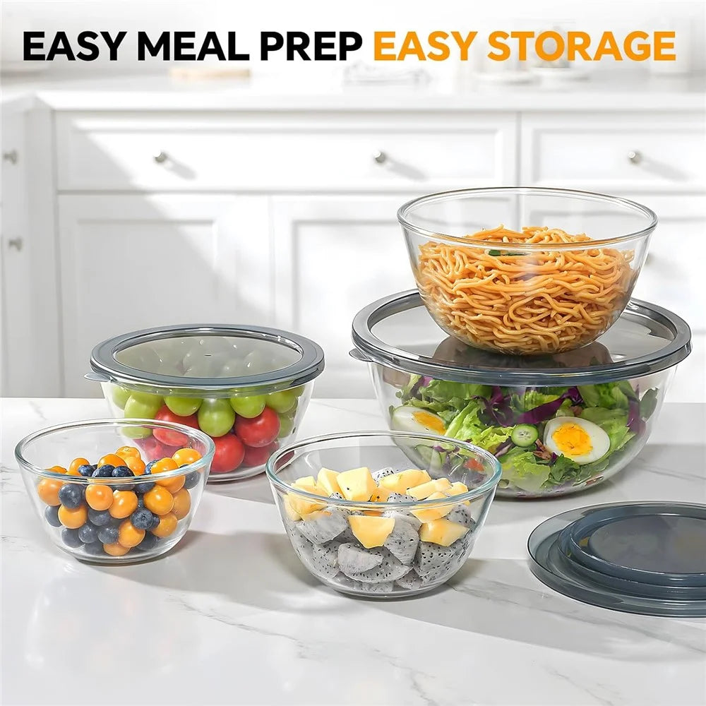 5Pcs Glass Mixing Bowls with Lids Set 1000ml+1500ml+2100ml+2700ml+4450ml Microwave Oven Safe Food Storage Containers for Baking Kitchen (BPA Free, No FDA) - 3