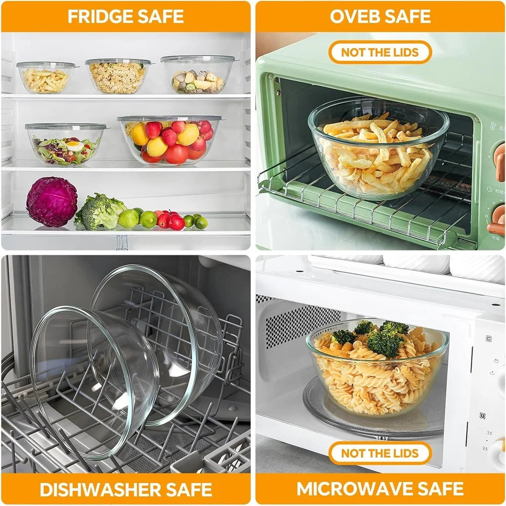 5Pcs Glass Mixing Bowls with Lids Set 1000ml+1500ml+2100ml+2700ml+4450ml Microwave Oven Safe Food Storage Containers for Baking Kitchen (BPA Free, No FDA) - 5