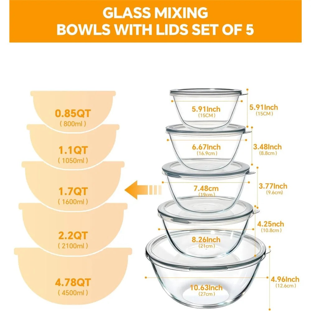5Pcs Glass Mixing Bowls with Lids Set 1000ml+1500ml+2100ml+2700ml+4450ml Microwave Oven Safe Food Storage Containers for Baking Kitchen (BPA Free, No FDA) - 6