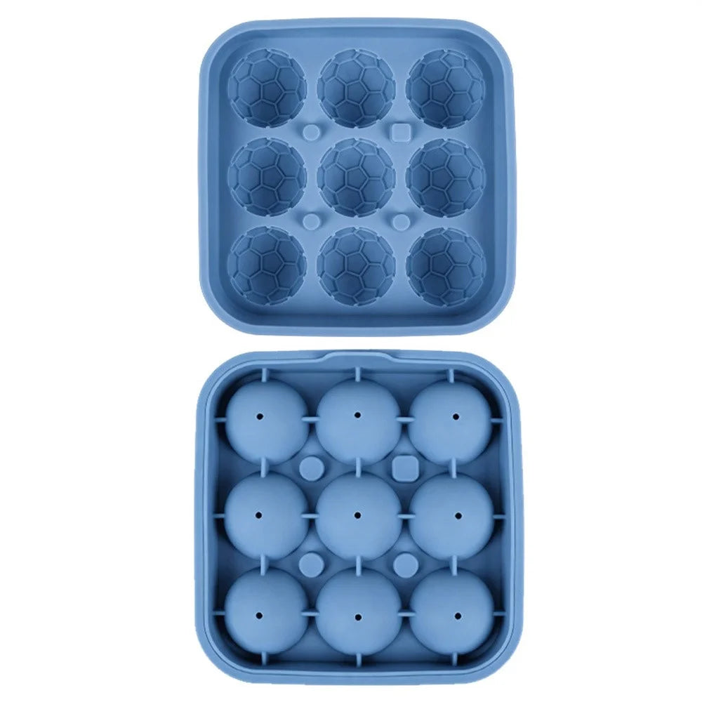 9-Grid Soccer Ball Shaped Silicone Ice Cube Mold Tray Football Shaped Food Grade Sphere Ice Maker with Lid for Drinks (BPA-Free, FDA Certified) - Blue - 1