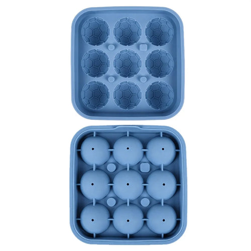 9-Grid Soccer Ball Shaped Silicone Ice Cube Mold Tray Football Shaped Food Grade Sphere Ice Maker with Lid for Drinks (BPA-Free, FDA Certified) - Blue - 1