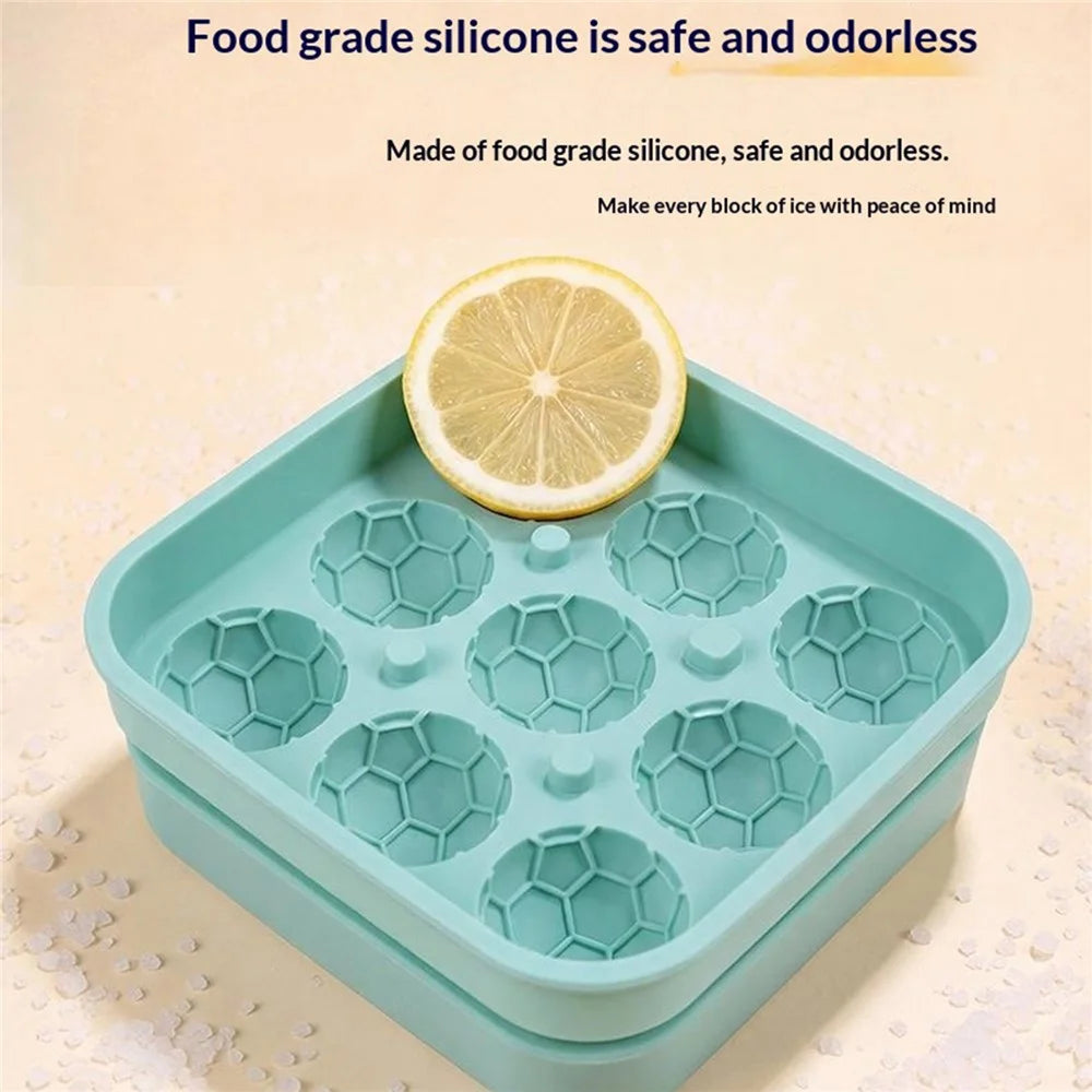 9-Grid Soccer Ball Shaped Silicone Ice Cube Mold Tray Football Shaped Food Grade Sphere Ice Maker with Lid for Drinks (BPA-Free, FDA Certified) - Blue - 7