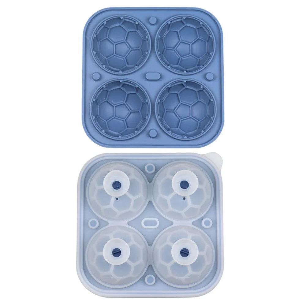 4-Grid Soccer Ball Shaped Silicone Ice Cube Mold Tray Football Shaped Food Grade Sphere Ice Maker with Lid for Drinks (BPA-Free, FDA Certified) - Blue - 1