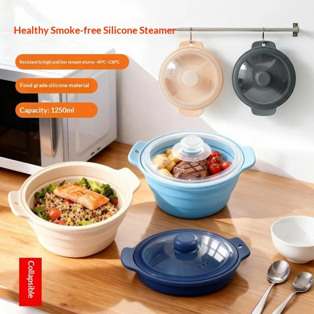 1250ml Food Grade Silicone Steamer Pot Collapsible Foldable Microwave Oven Air Fryer Pad with Lid (BPA-Free, FDA Certified) - Beige - 2