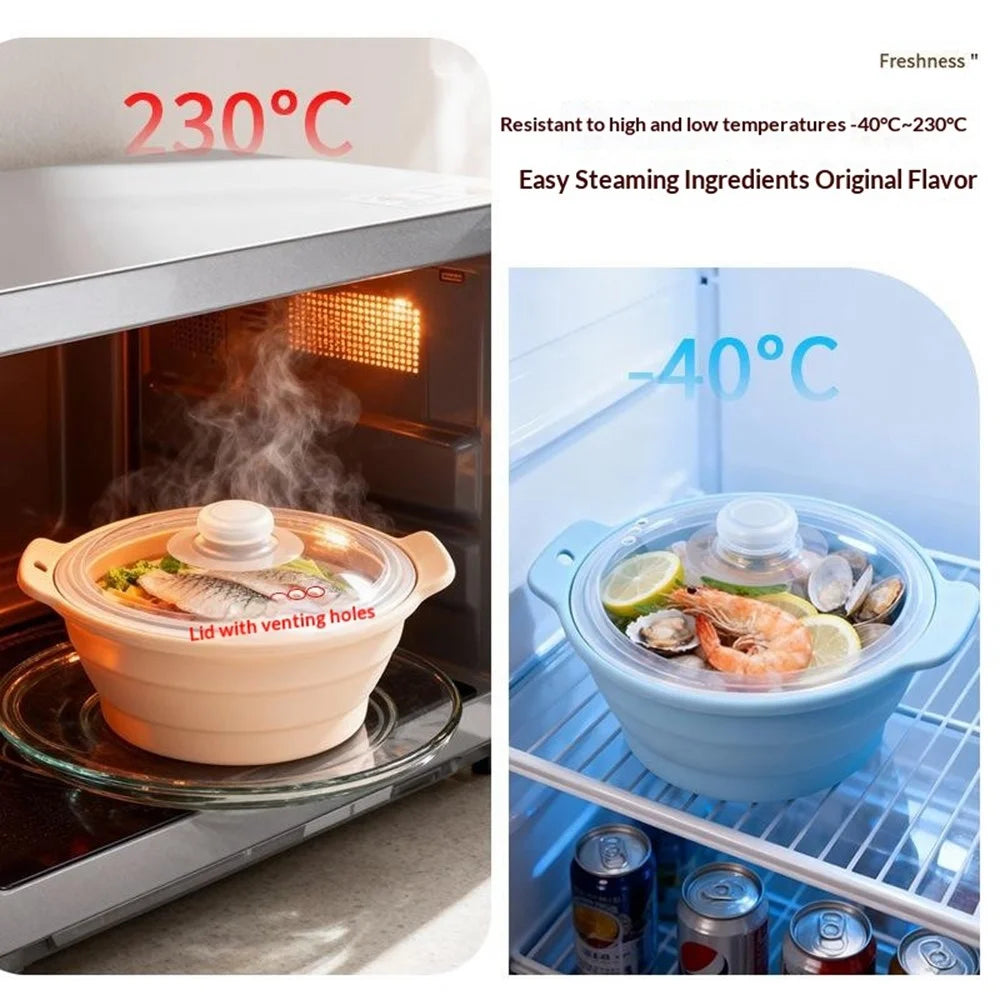 1250ml Food Grade Silicone Steamer Pot Collapsible Foldable Microwave Oven Air Fryer Pad with Lid (BPA-Free, FDA Certified) - Beige - 4