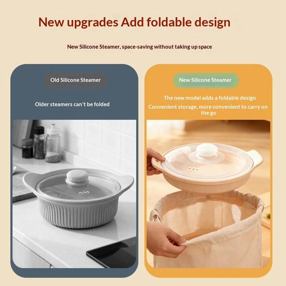 1250ml Food Grade Silicone Steamer Pot Collapsible Foldable Microwave Oven Air Fryer Pad with Lid (BPA-Free, FDA Certified) - Beige - 5