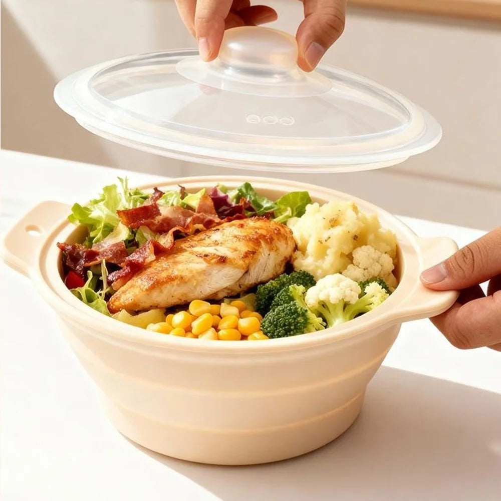 1250ml Food Grade Silicone Steamer Pot Collapsible Foldable Microwave Oven Air Fryer Pad with Lid (BPA-Free, FDA Certified) - Beige - 6