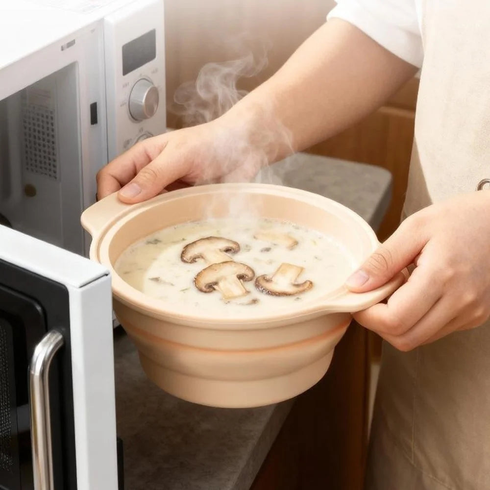 1250ml Food Grade Silicone Steamer Pot Collapsible Foldable Microwave Oven Air Fryer Pad with Lid (BPA-Free, FDA Certified) - Beige - 7