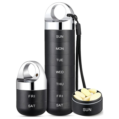 7-Day Pill Storage Organizer Aluminum Alloy Metal Waterproof Weekly Vitamin Medicine Box with Screw Lock - Black - 1