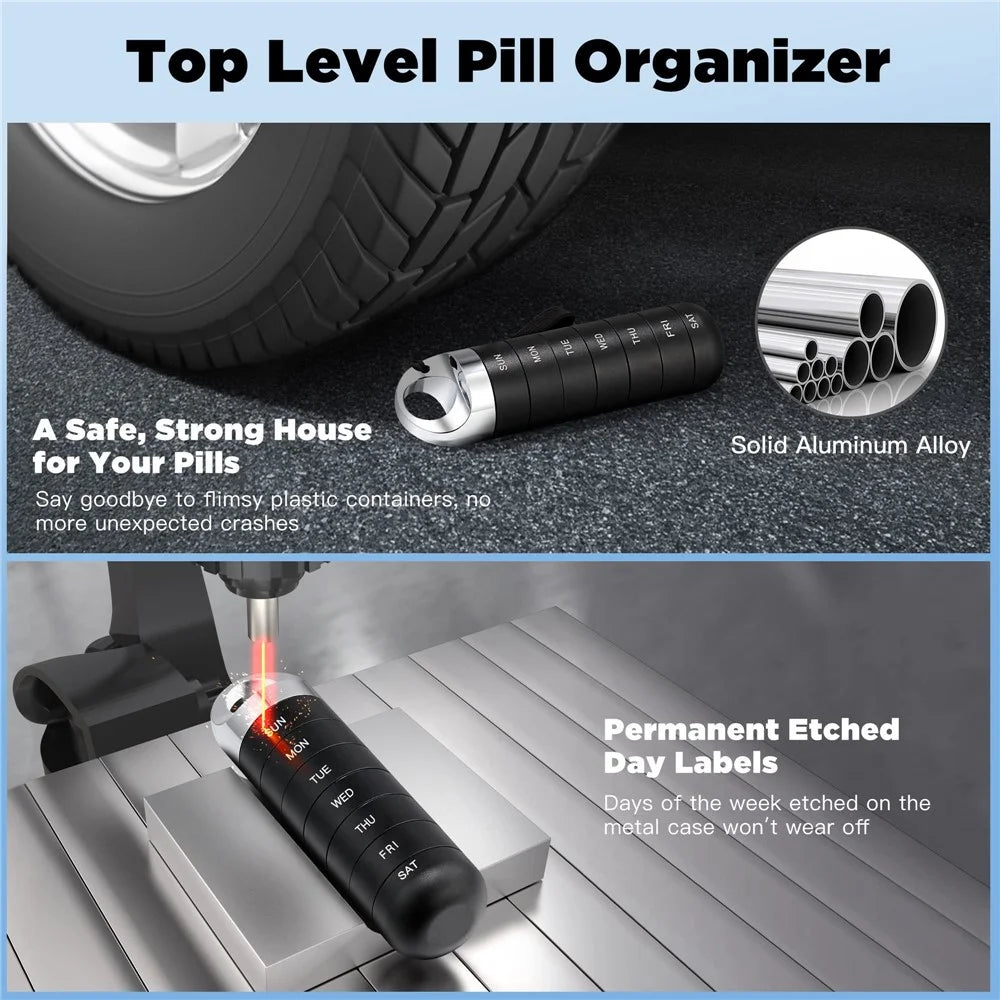 7-Day Pill Storage Organizer Aluminum Alloy Metal Waterproof Weekly Vitamin Medicine Box with Screw Lock - Black - 4