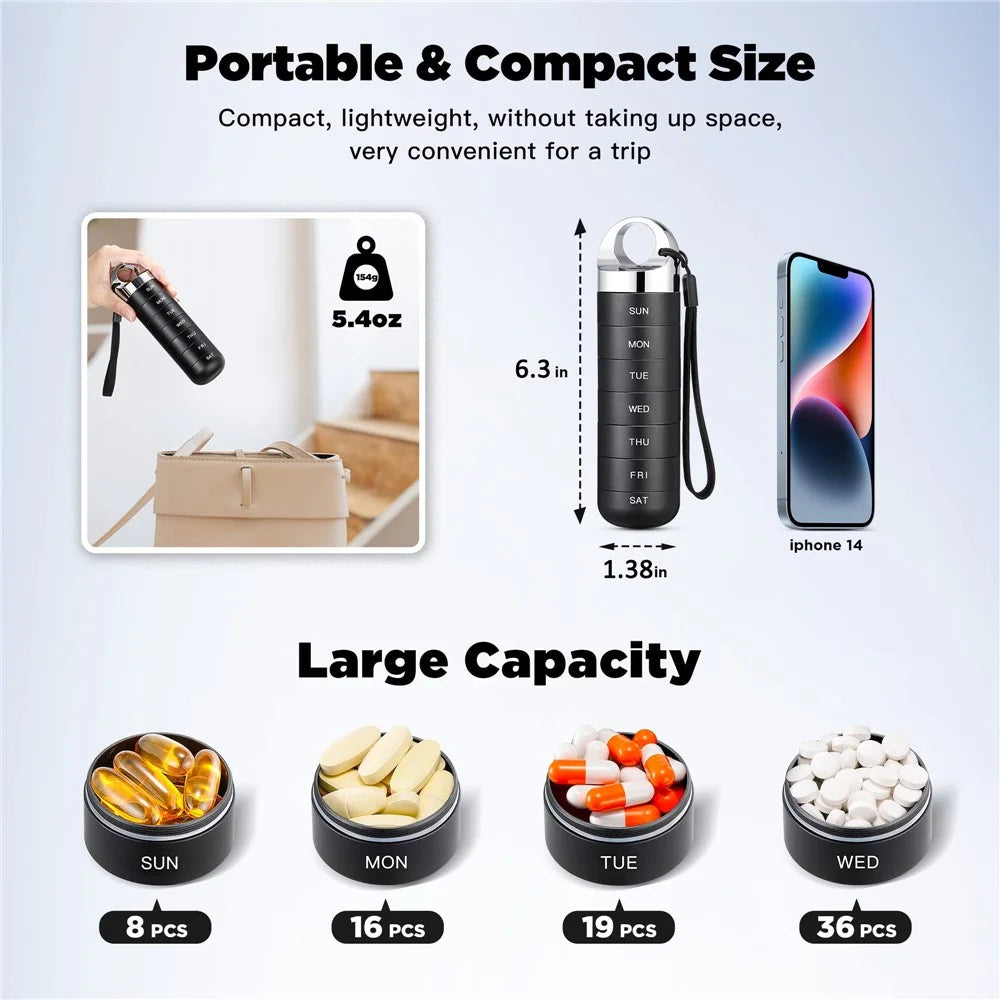 7-Day Pill Storage Organizer Aluminum Alloy Metal Waterproof Weekly Vitamin Medicine Box with Screw Lock - Black - 6