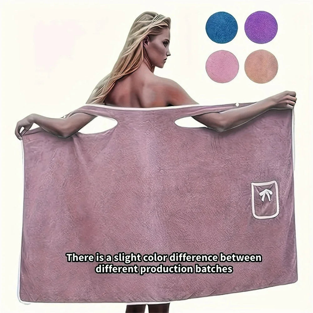 135x80cm Thickened Coral Fleece Bath Robe Absorbent Wearable Towel Wrap Bath Dress for Bathroom Home - Deep Pink - 1