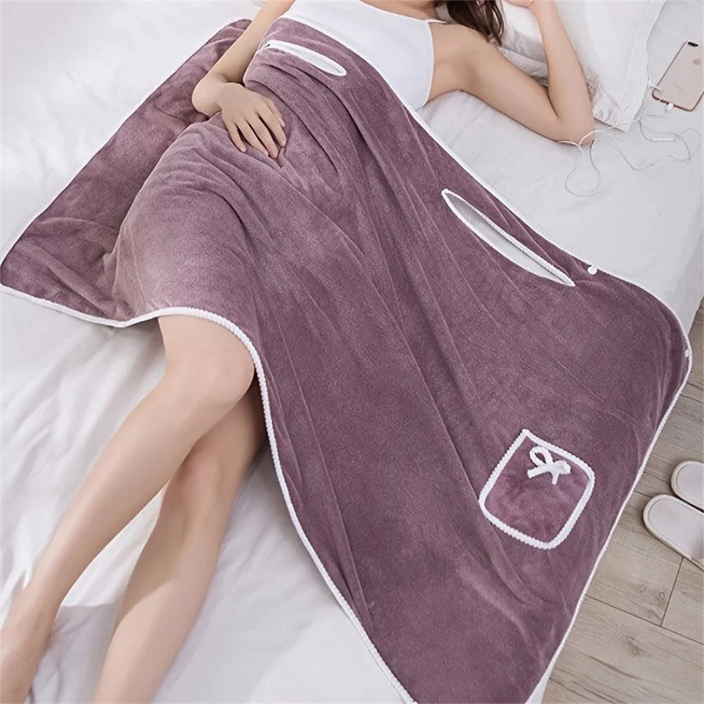 135x80cm Thickened Coral Fleece Bath Robe Absorbent Wearable Towel Wrap Bath Dress for Bathroom Home - Deep Pink - 3