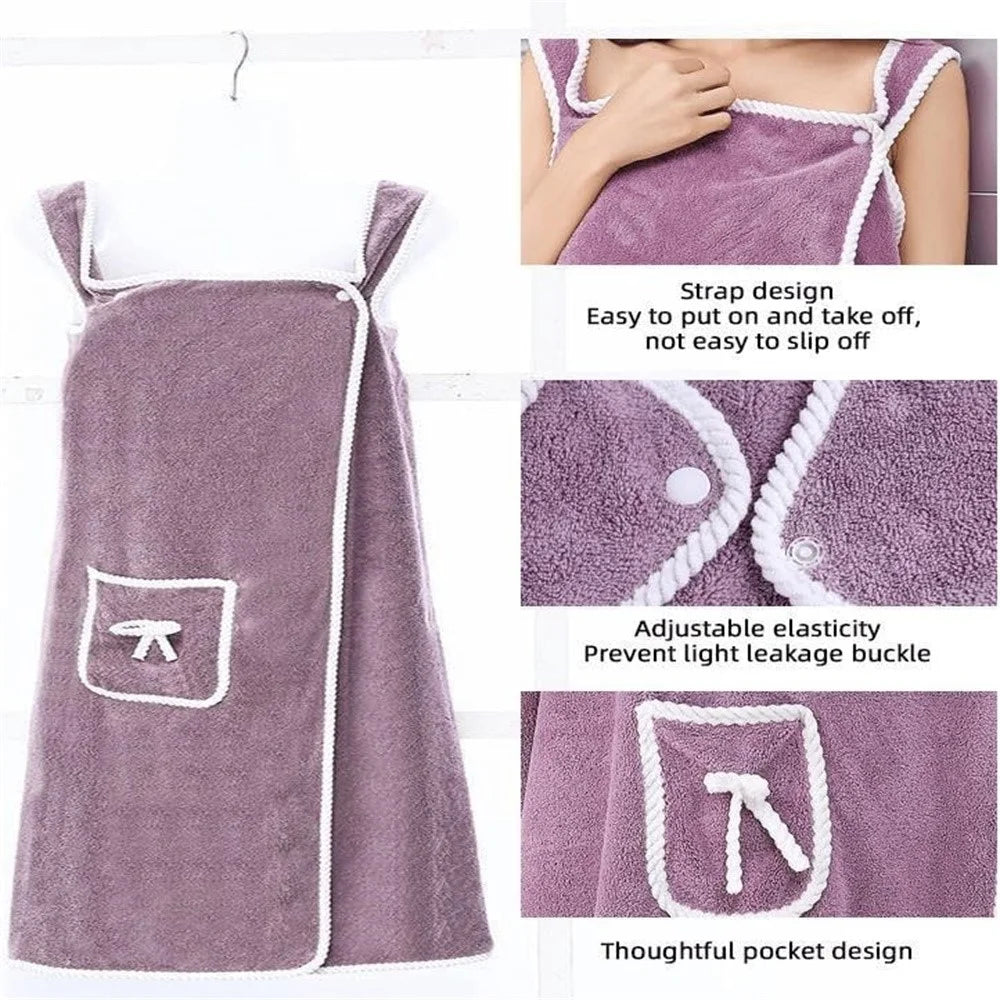 135x80cm Thickened Coral Fleece Bath Robe Absorbent Wearable Towel Wrap Bath Dress for Bathroom Home - Deep Pink - 4