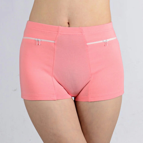 Women Cotton Safety Underwear High Waisted Non-magnetic Zipper Pocket Anti-theft Boxer Shorts - Pink  /  M - 1