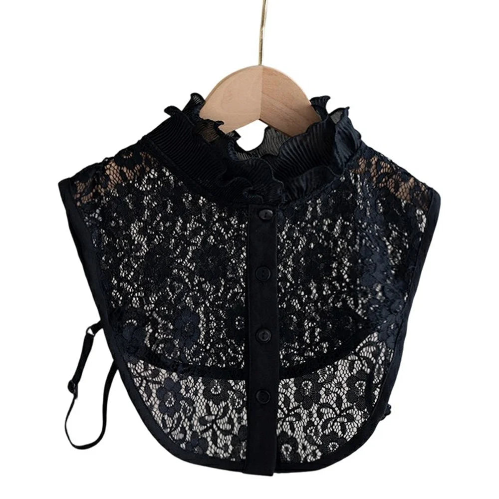 Detachable Lace Collar Stand Up Ruffle Collar Dickey Collar Front Button Half Shirt Fake Collar for Shirt Dress - Black - 1