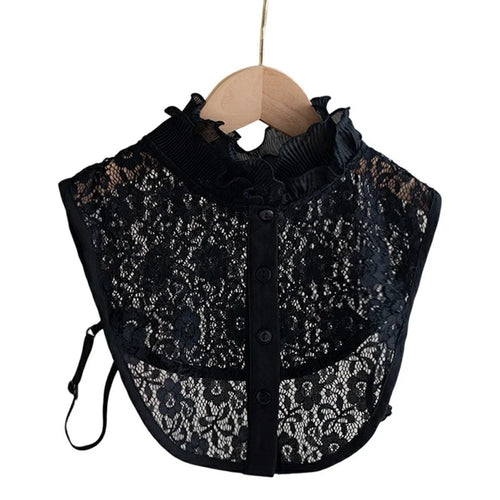 Detachable Lace Collar Stand Up Ruffle Collar Dickey Collar Front Button Half Shirt Fake Collar for Shirt Dress - Black - 1