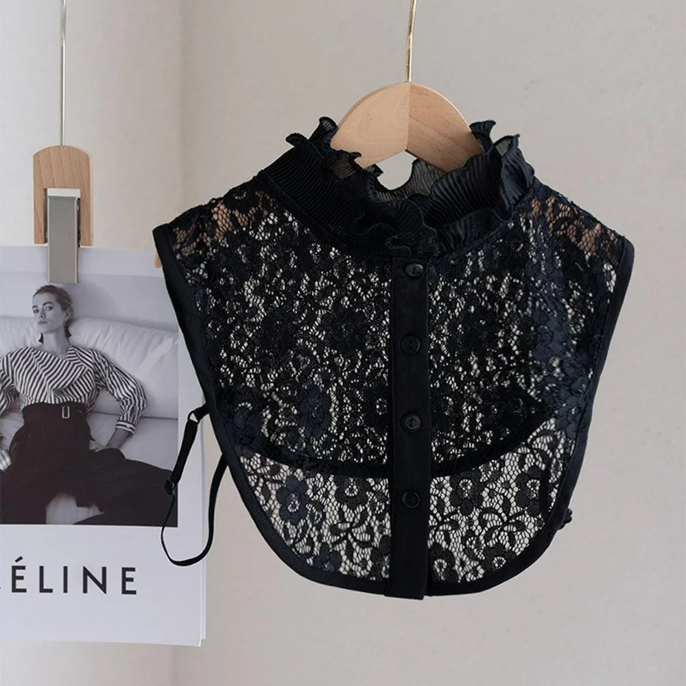 Detachable Lace Collar Stand Up Ruffle Collar Dickey Collar Front Button Half Shirt Fake Collar for Shirt Dress - Black - 2