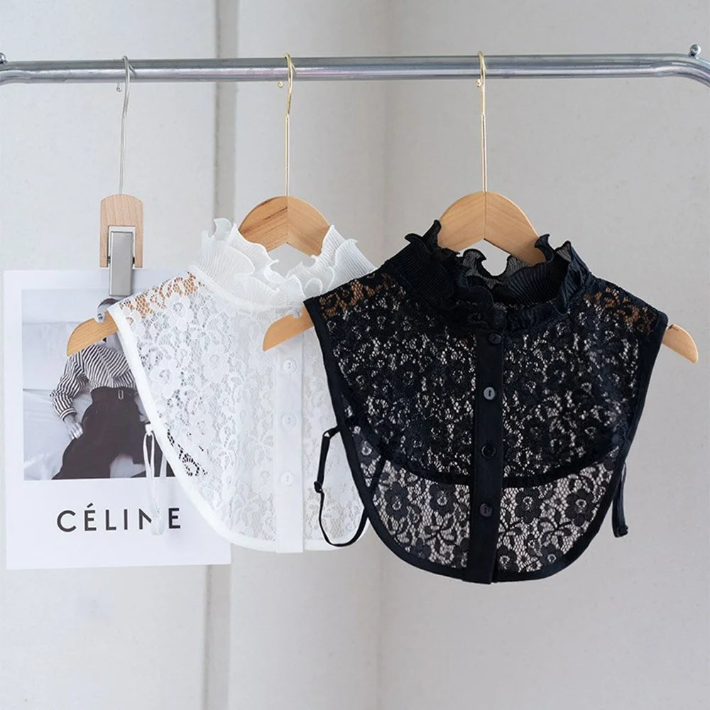 Detachable Lace Collar Stand Up Ruffle Collar Dickey Collar Front Button Half Shirt Fake Collar for Shirt Dress - Black - 3