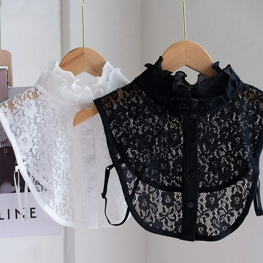 Detachable Lace Collar Stand Up Ruffle Collar Dickey Collar Front Button Half Shirt Fake Collar for Shirt Dress - Black - 4