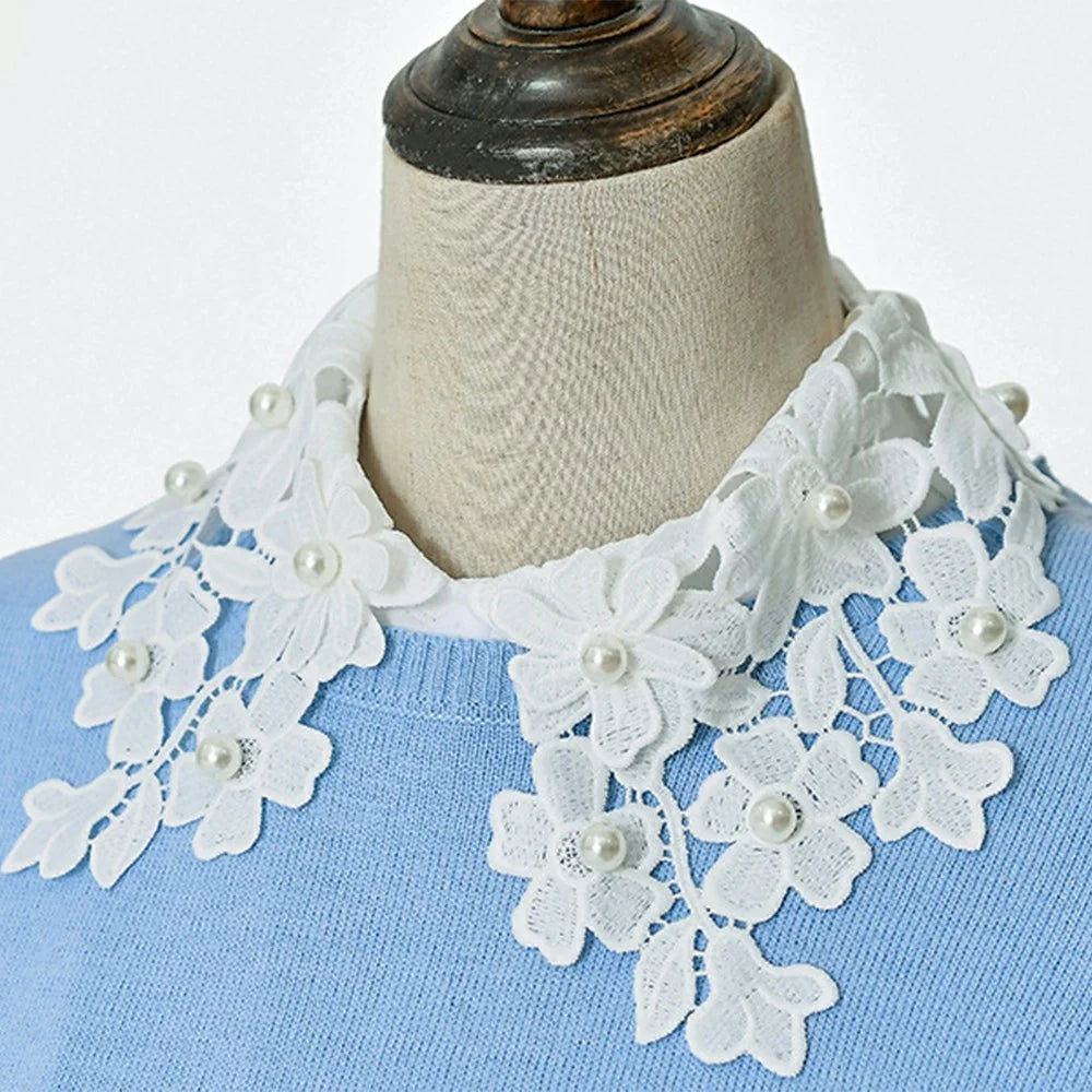 Detachable Lace Collar Pearl Beaded Fake Collar Dickey Collar Half Shirt Peter Pan Collar for Sweater Shirt - Chiffon  /  White - 2