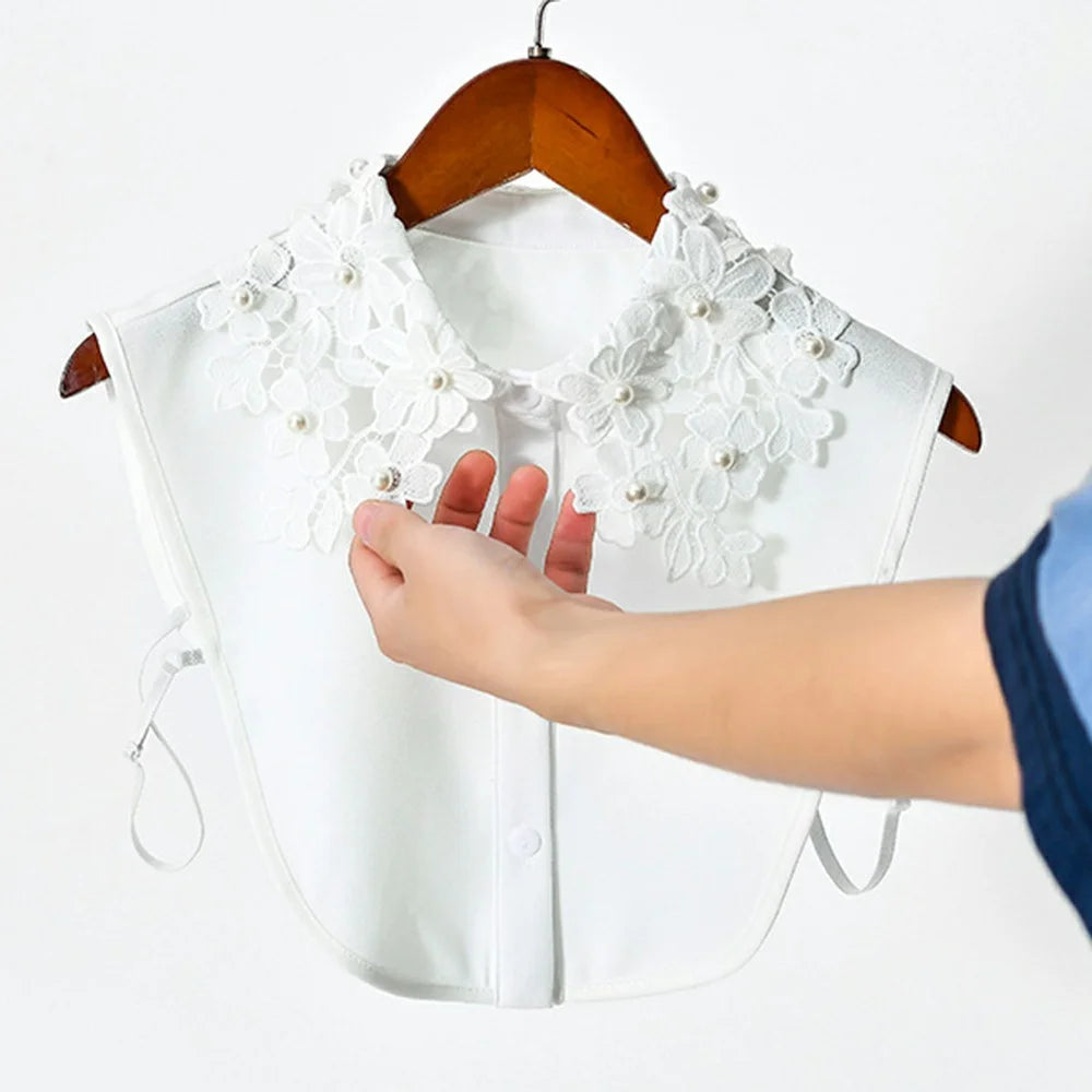 Detachable Lace Collar Pearl Beaded Fake Collar Dickey Collar Half Shirt Peter Pan Collar for Sweater Shirt - Chiffon  /  White - 3