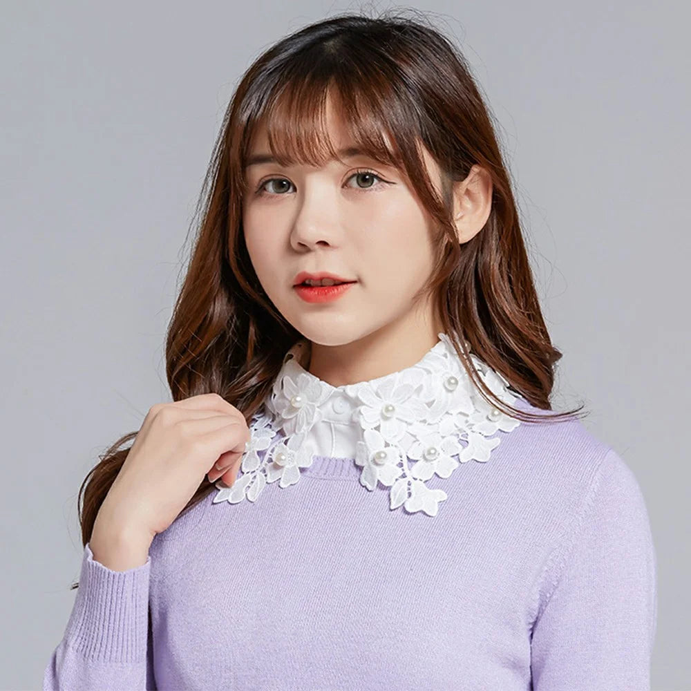 Detachable Lace Collar Pearl Beaded Fake Collar Dickey Collar Half Shirt Peter Pan Collar for Sweater Shirt - Chiffon  /  White - 4