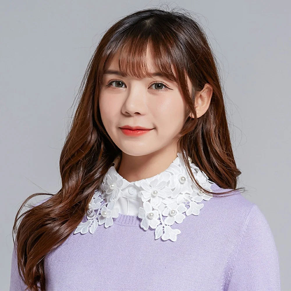 Detachable Lace Collar Pearl Beaded Fake Collar Dickey Collar Half Shirt Peter Pan Collar for Sweater Shirt - Chiffon  /  White - 5