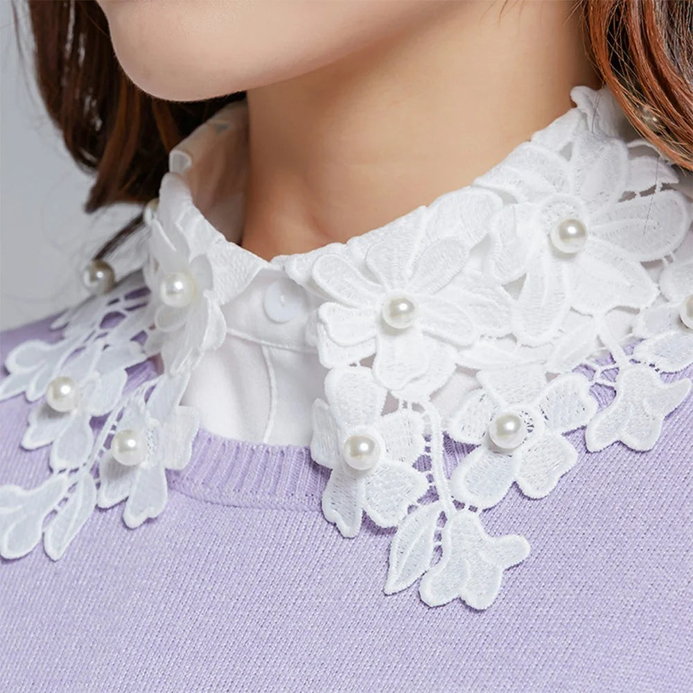 Detachable Lace Collar Pearl Beaded Fake Collar Dickey Collar Half Shirt Peter Pan Collar for Sweater Shirt - Chiffon  /  White - 6