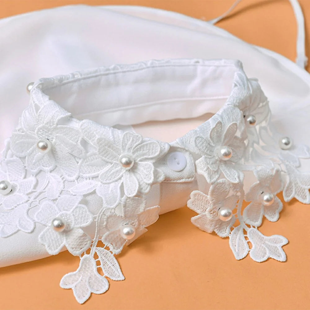 Detachable Lace Collar Pearl Beaded Fake Collar Dickey Collar Half Shirt Peter Pan Collar for Sweater Shirt - Chiffon  /  White - 7