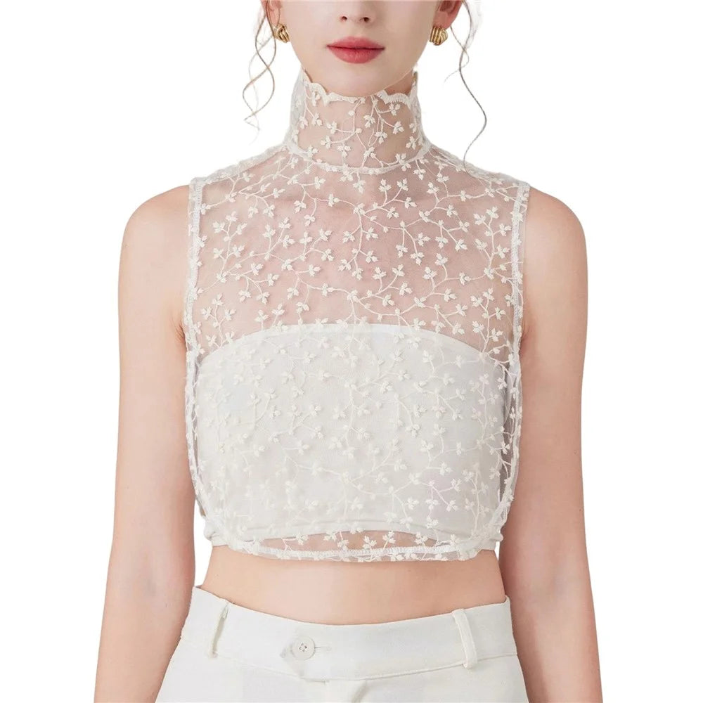Lace Embroidered Fake Collar French High Neck Elegant Cotton Dickey Blouse Detachable Collar for Women - Beige - 1