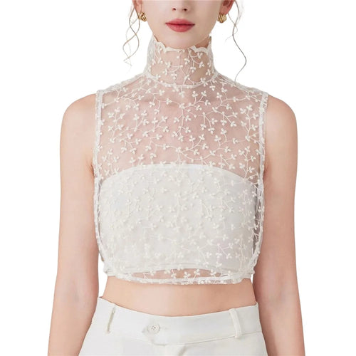 Lace Embroidered Fake Collar French High Neck Elegant Cotton Dickey Blouse Detachable Collar for Women - Beige - 1
