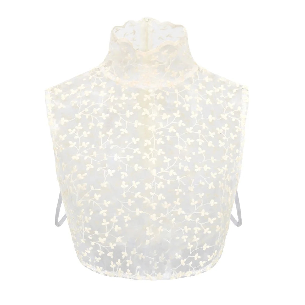 Lace Embroidered Fake Collar French High Neck Elegant Cotton Dickey Blouse Detachable Collar for Women - Beige - 2