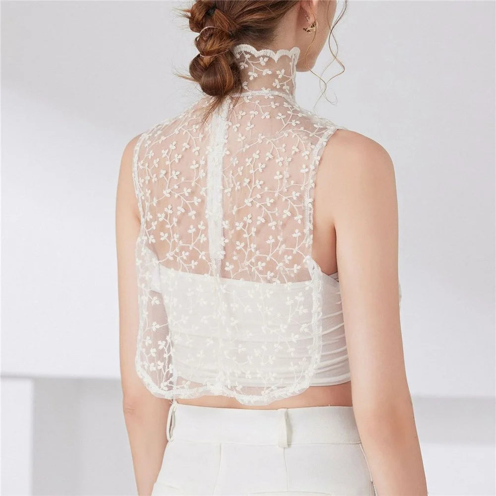 Lace Embroidered Fake Collar French High Neck Elegant Cotton Dickey Blouse Detachable Collar for Women - Beige - 3