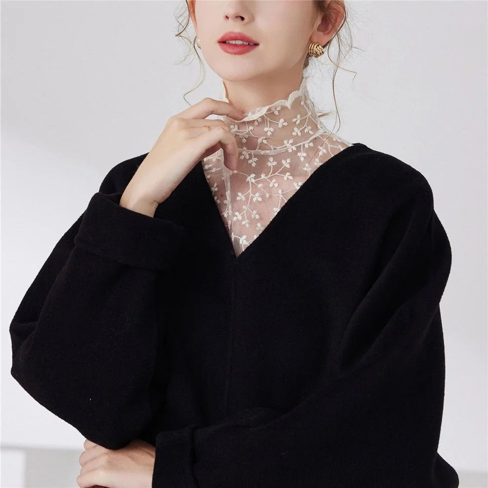 Lace Embroidered Fake Collar French High Neck Elegant Cotton Dickey Blouse Detachable Collar for Women - Beige - 4