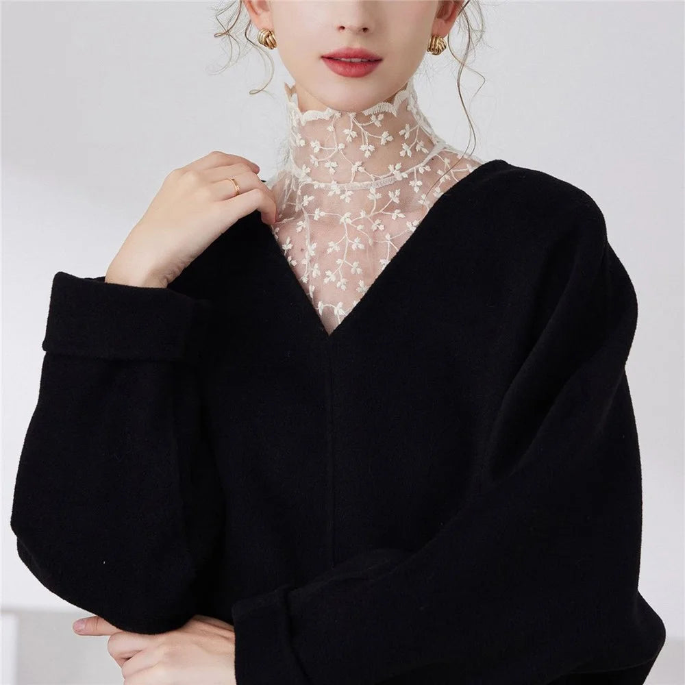 Lace Embroidered Fake Collar French High Neck Elegant Cotton Dickey Blouse Detachable Collar for Women - Beige - 5