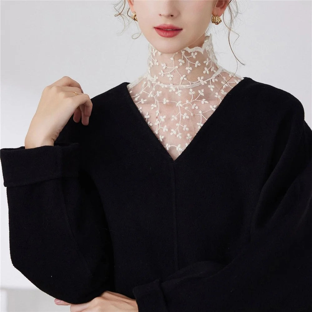 Lace Embroidered Fake Collar French High Neck Elegant Cotton Dickey Blouse Detachable Collar for Women - Beige - 6